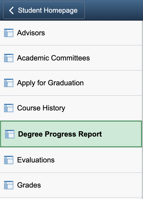 MyUCSC left-hand navigation selecting Degree Progress Report